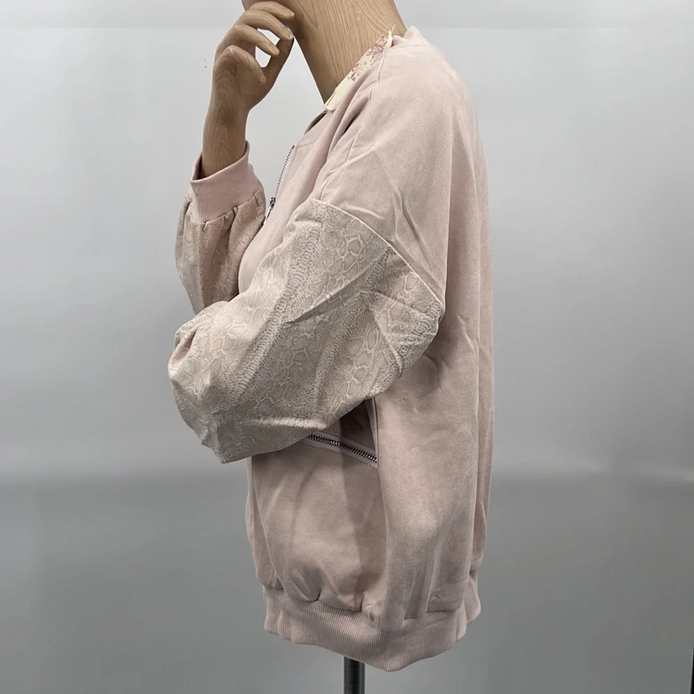 🆕Pink Bomber Jacket Snakeskin Sleeve Print New Blush Hem& Thread-Anthropologie - Picture 12 of 15